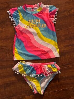 Betsey Johnson Bright Multi Pom-Pom Trim Two-Piece Swim Set